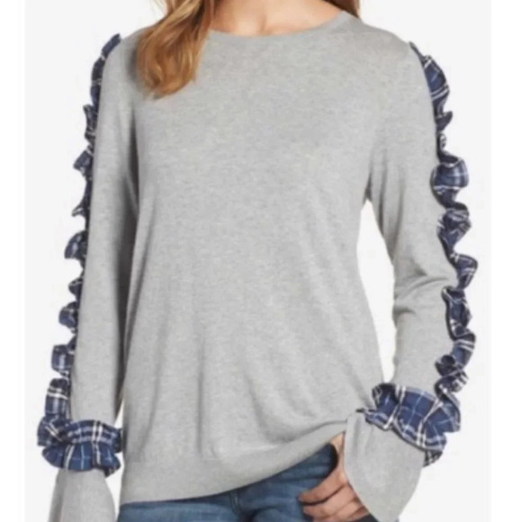 HALOGEN Plaid Ruffle Sleeve Sweater Gray Blue Size L - Picture 8 of 8